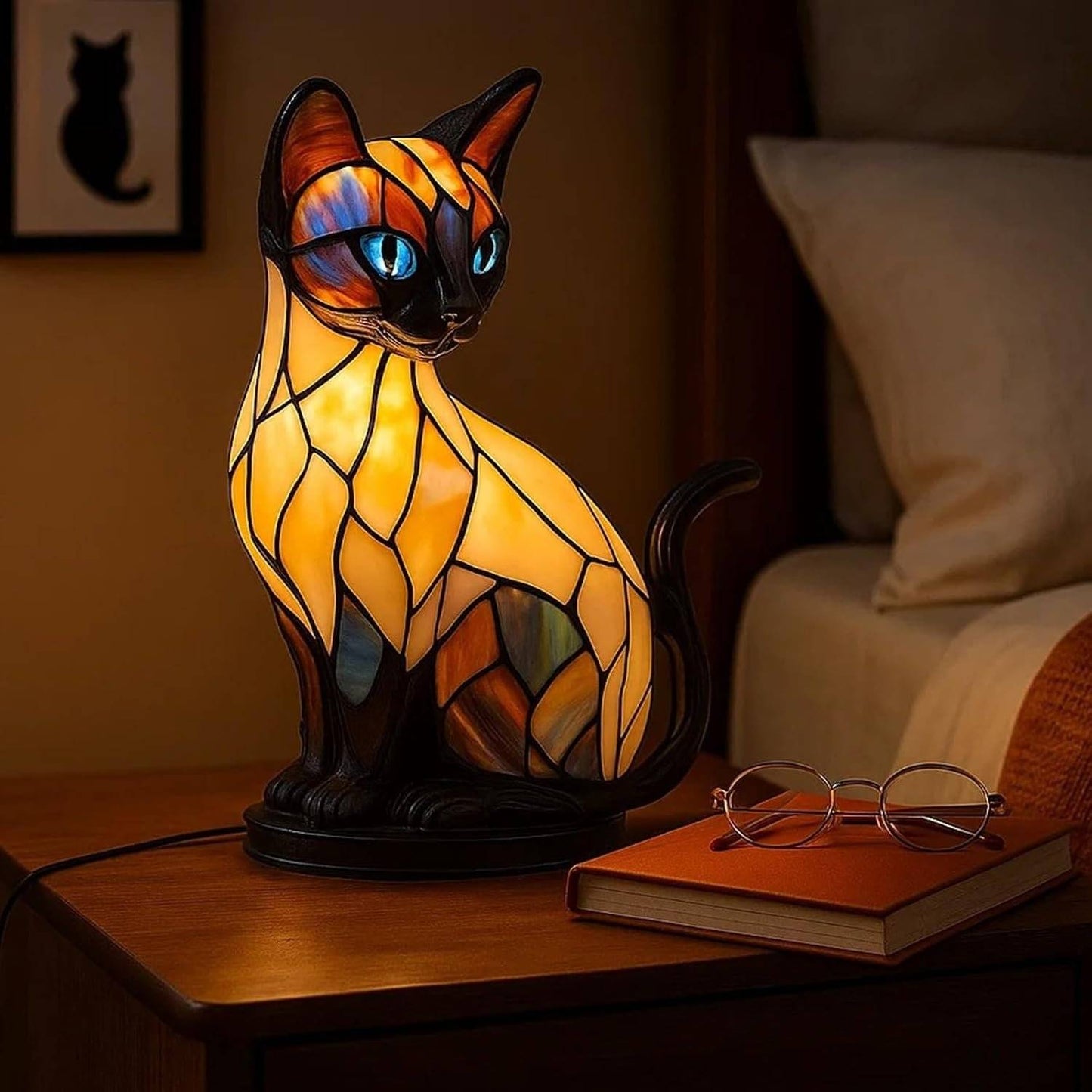 🐱Lampa stołowa w kształcie kota, retro lampka nocna wykonana z kolorowej żywicy, z motywem kota-4215498