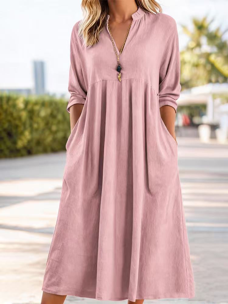 💃【50% zniżki】Nowa modna sukienka retro z dekoltem w serek z bawełny i lnu-4238995