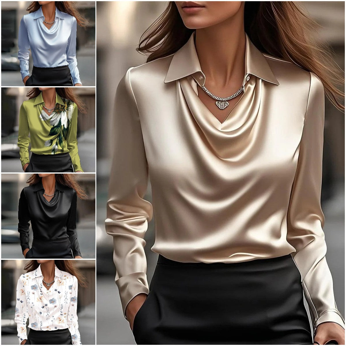 🔥【Nueva moda de otoño e invierno】✨Camisa de solapa estampada de color sólido para mujer-4146785