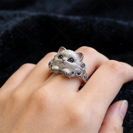 【Kup jeden, a drugi dostaniesz gratis】🎁😍🎁😍Prosty i elegancki pierścionek z kotkiem ze srebra próby 925 z diamentami-4253202