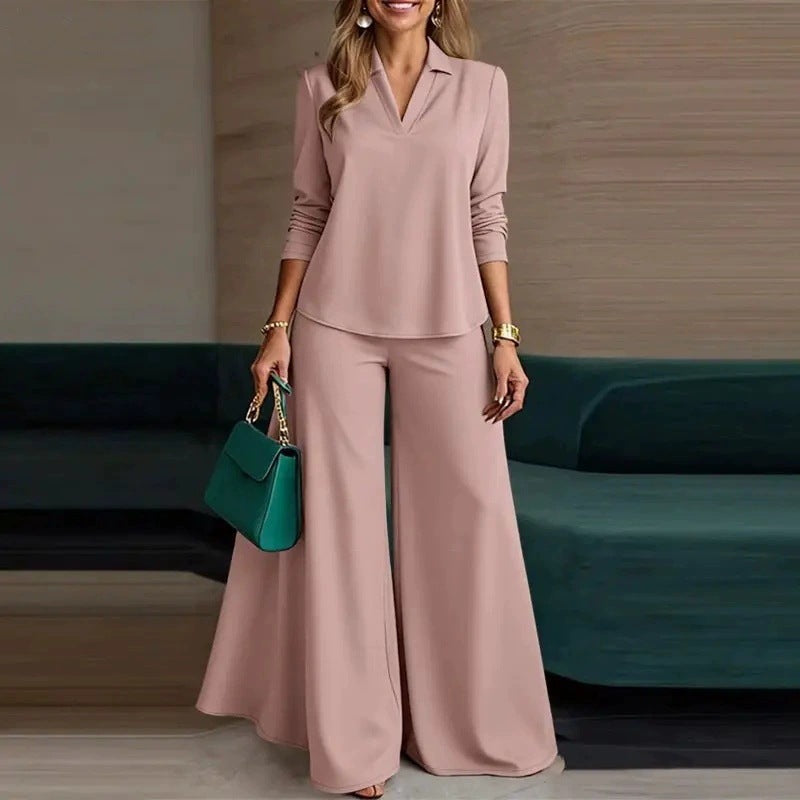【40–120 kg】【S–5XL】👩‍💼 Modny damski zestaw dwuczęściowy ✅ Top + spodnie z szerokimi nogawkami-4249261