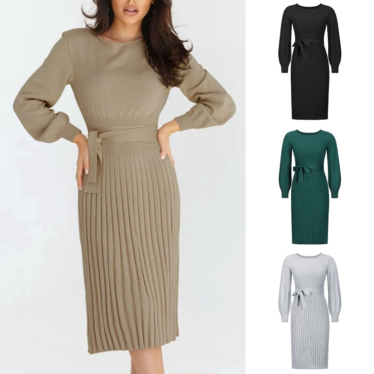 （Curea asortată）2024 Toamna și iarna New Knit  Slim plisat rochii de lungime medie-3807907