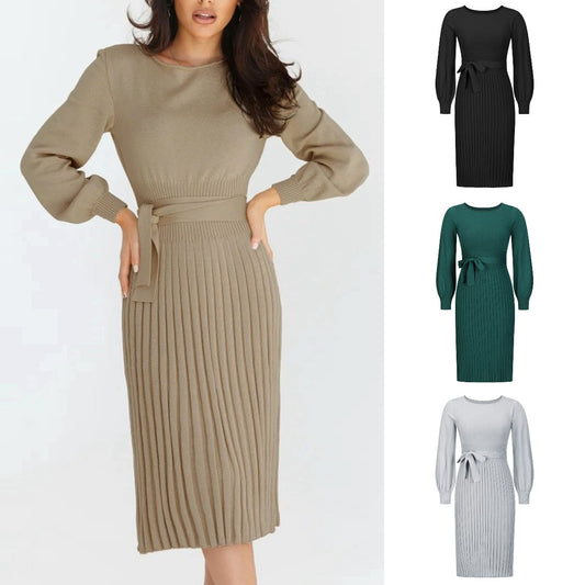 （Curea asortată）2024 Toamna și iarna New Knit  Slim plisat rochii de lungime medie-3807907