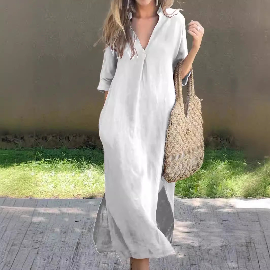 💃💋【50% zniżki 🔥】【S–3XL】Długa lniana spódnica z dekoltem w serek i rozcięciem, wygodna i lekka, idealna na lato