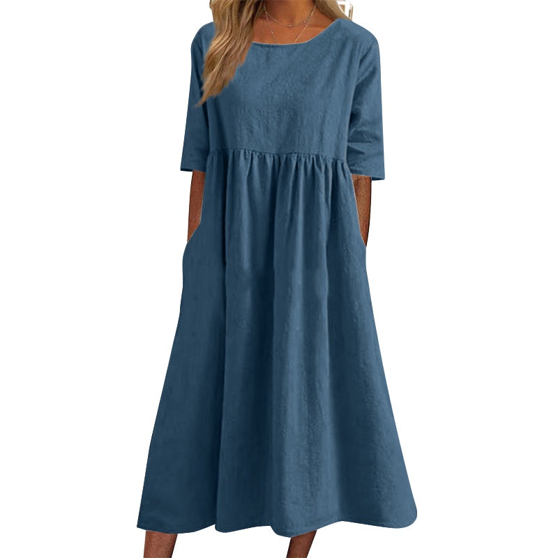 🌺✨【S-5XL】2026 Casualowa bawełniana sukienka w jednolitym kolorze z kieszeniami-4242052