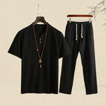 【Top + Pantaloni】 Costum de agrement pentru bărbați, lejer și respirabil, din bumbac și in de înaltă calitate-3967330