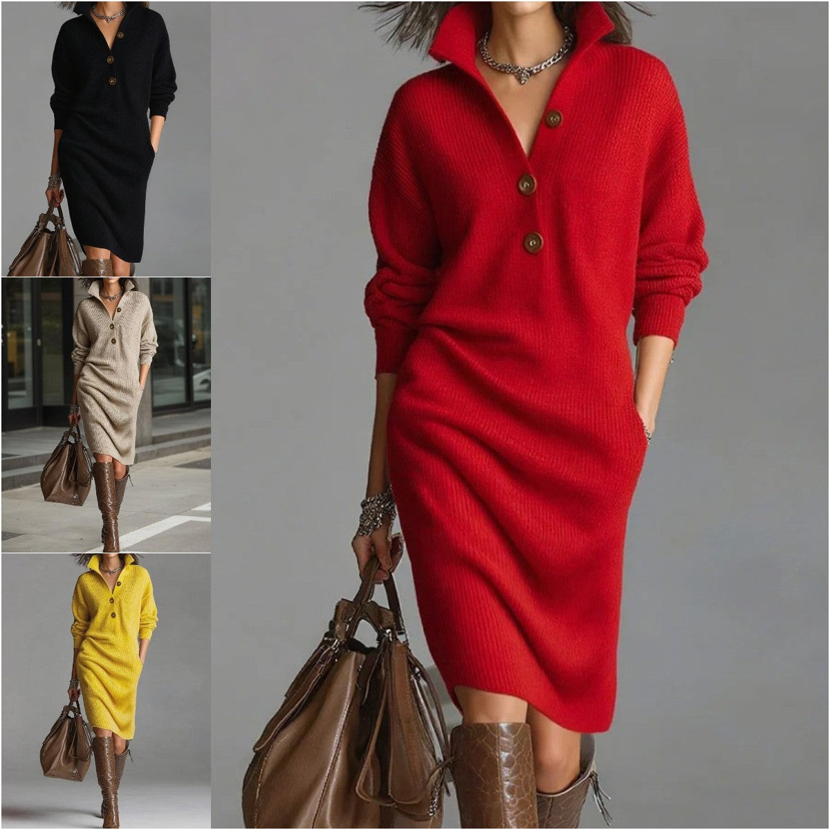 🔥【S-3XL】2025 Nové evropské a americké pletené šaty s límečkem v novém stylu-4166481
