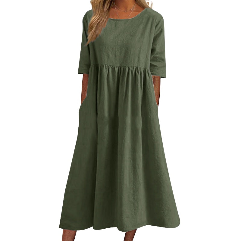 🌺✨【S-5XL】2026 Casualowa bawełniana sukienka w jednolitym kolorze z kieszeniami-4242052