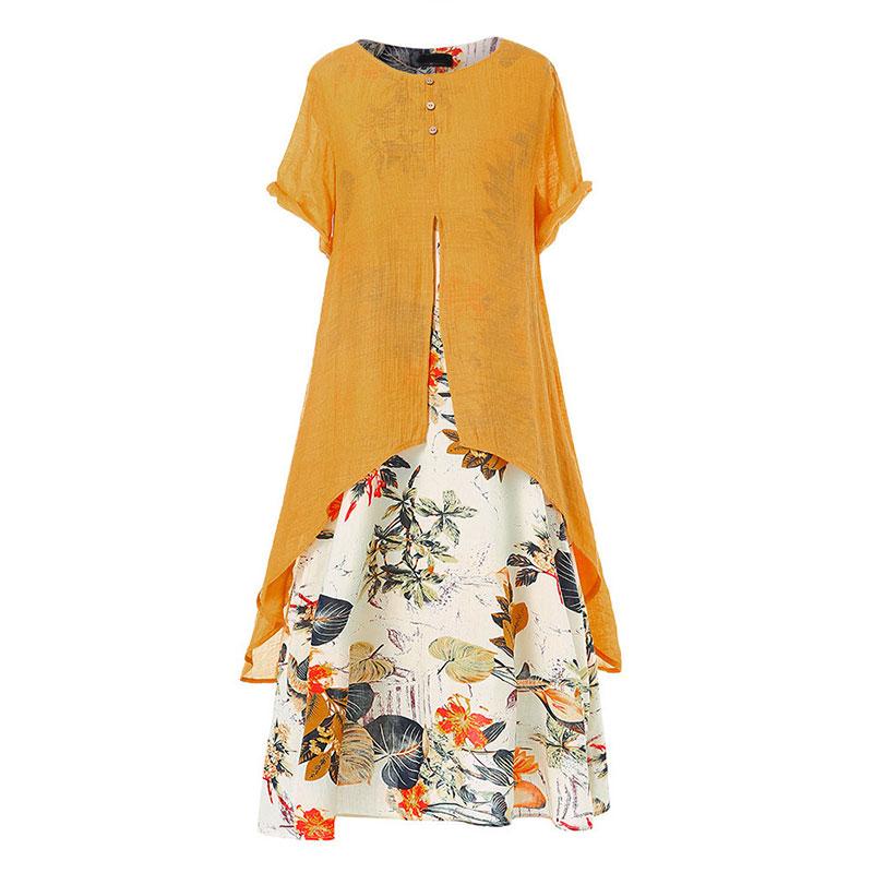 ❤ Rochie din două piese imprimat din bumbac și in cu guler rotund falsă-3916421