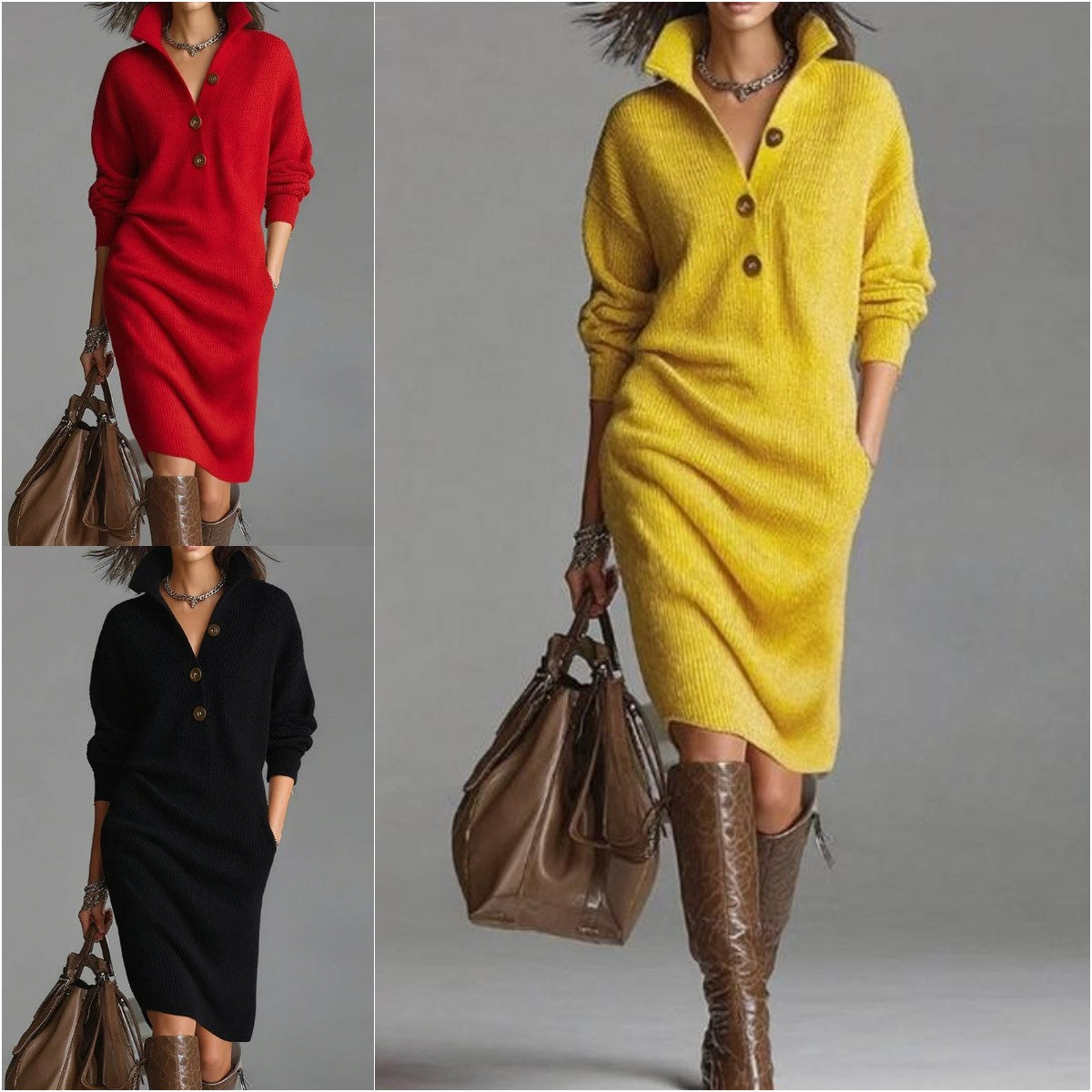 🔥【S-3XL】2025 Nové evropské a americké pletené šaty s límečkem v novém stylu-4166481
