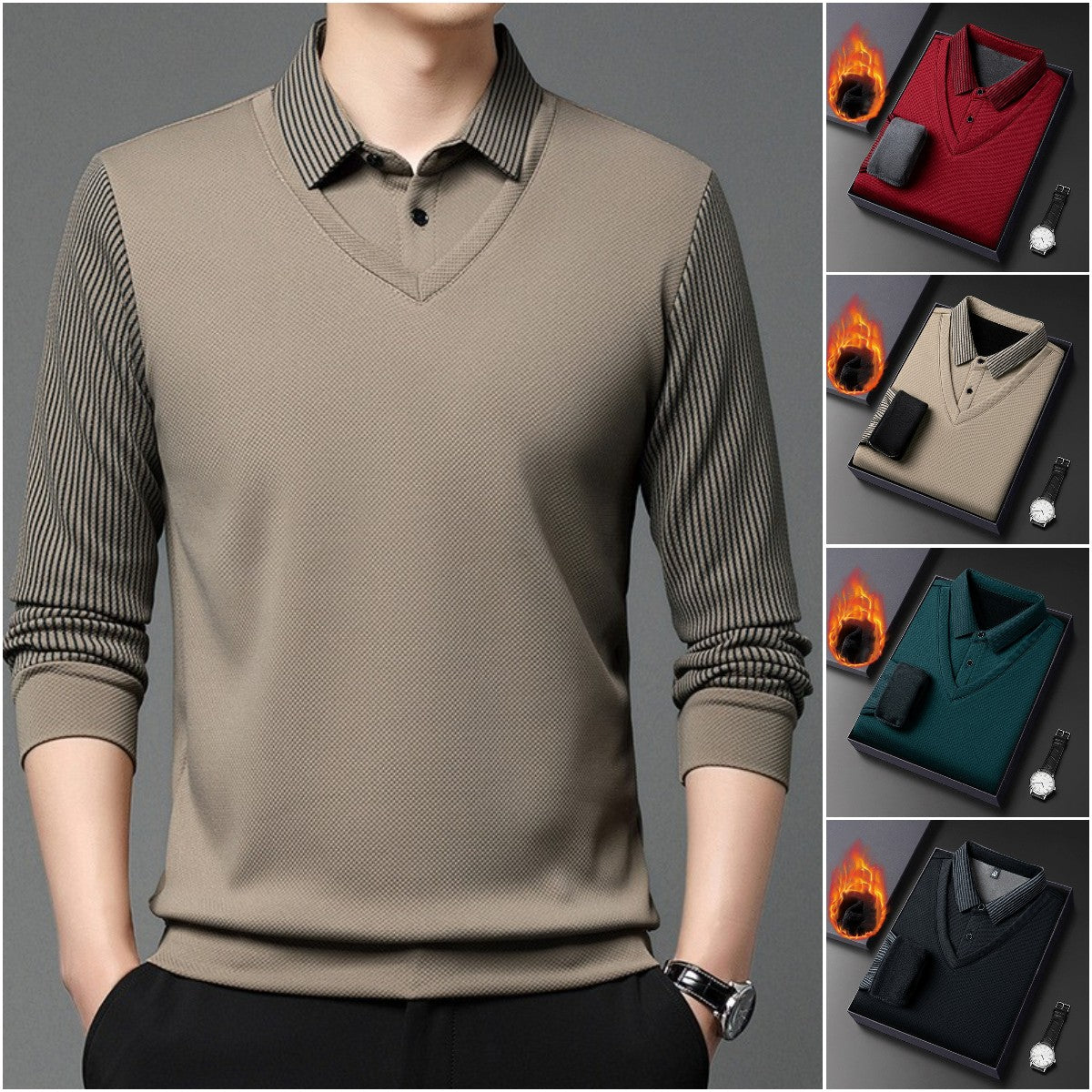 【M-4XL】Cămașă POLO fals din două piese cu dungi patchwork