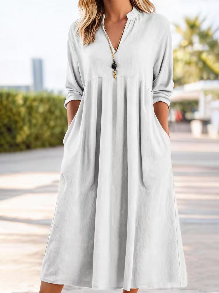 💃【50% zniżki】Nowa modna sukienka retro z dekoltem w serek z bawełny i lnu-4238995