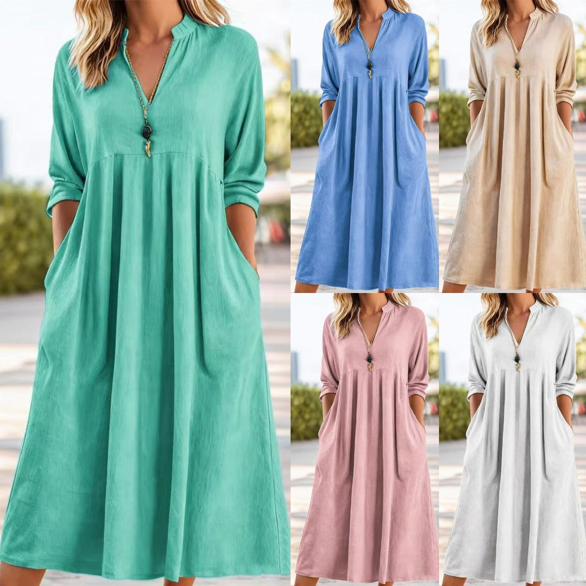 💃【50% zniżki】Nowa modna sukienka retro z dekoltem w serek z bawełny i lnu-4238995