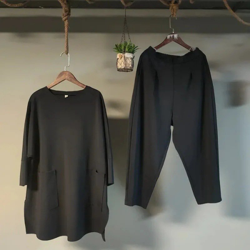 🍁🍂【M-3XL】 2025 noi de primăvară și vară culoare uni topuri casual din două piese + pantaloni-3970878