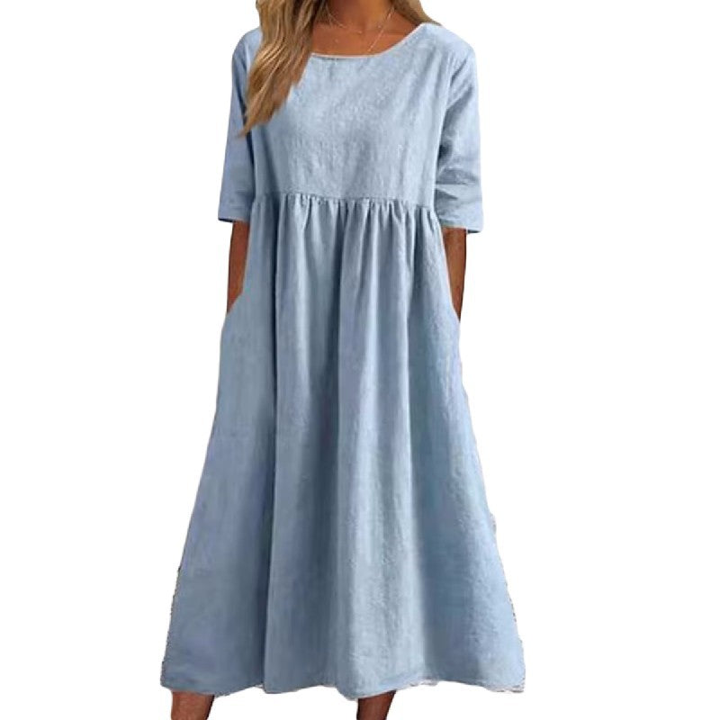 🌺✨【S-5XL】2026 Casualowa bawełniana sukienka w jednolitym kolorze z kieszeniami-4242052