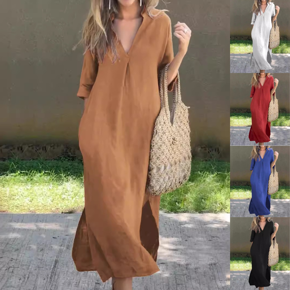 💃💋【50% zniżki 🔥】【S–3XL】Długa lniana spódnica z dekoltem w serek i rozcięciem, wygodna i lekka, idealna na lato