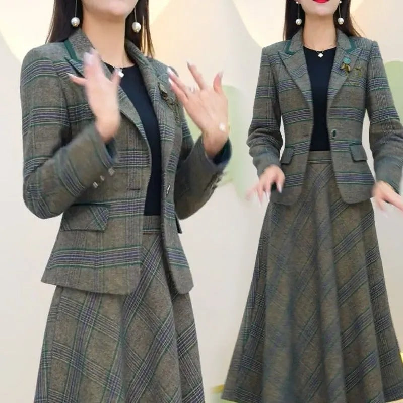 【M-5XL】2024 costum mic în carouri fustă temperament subțire costum din două piese-3834457