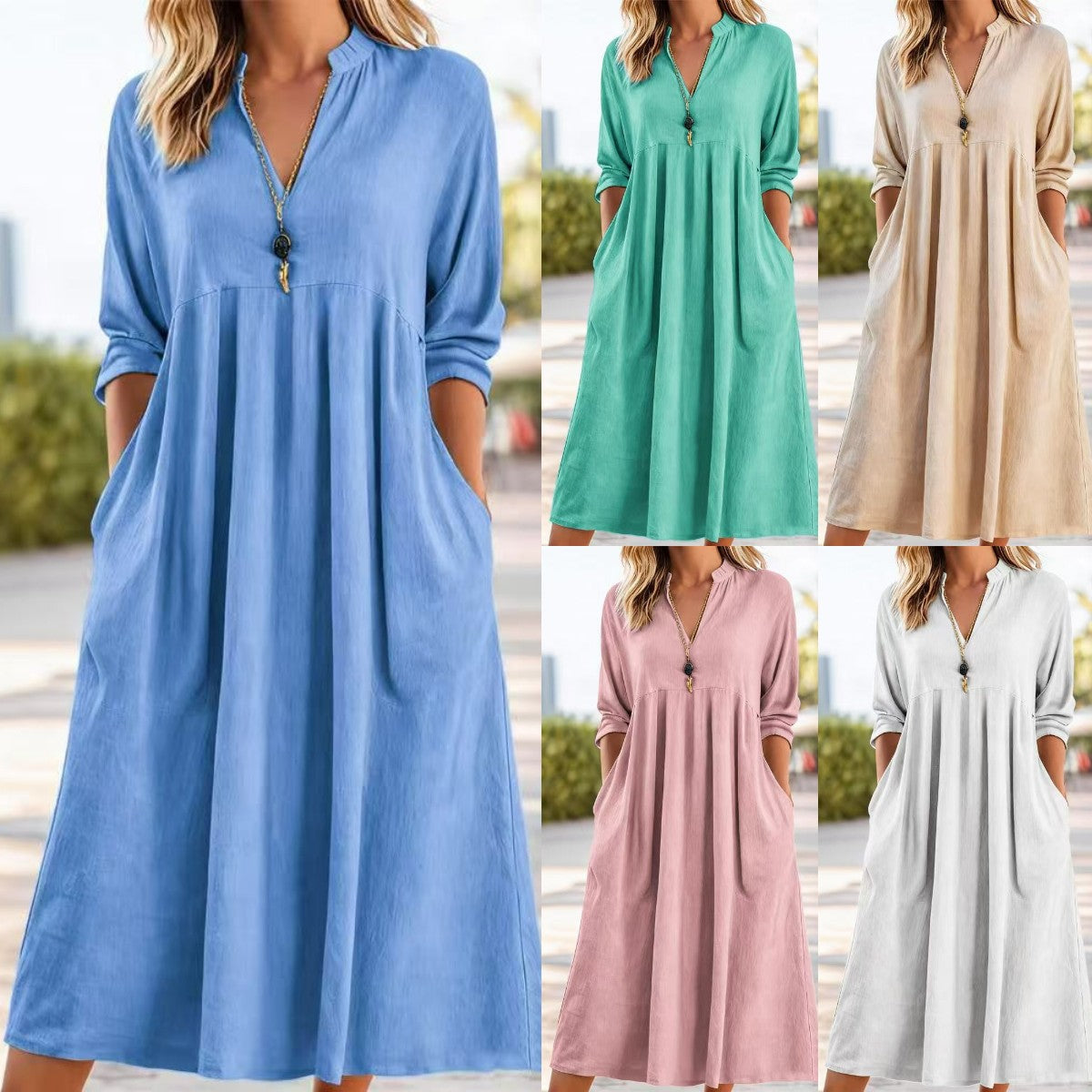 💃【50% zniżki】Nowa modna sukienka retro z dekoltem w serek z bawełny i lnu-4238995