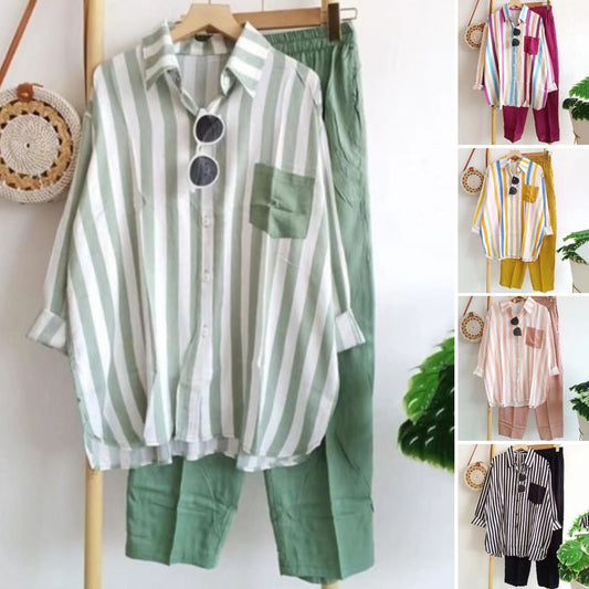 【50%OFF】【S-5XL】 🌸Costum casual din două piese cu dungi de primăvară-3954686