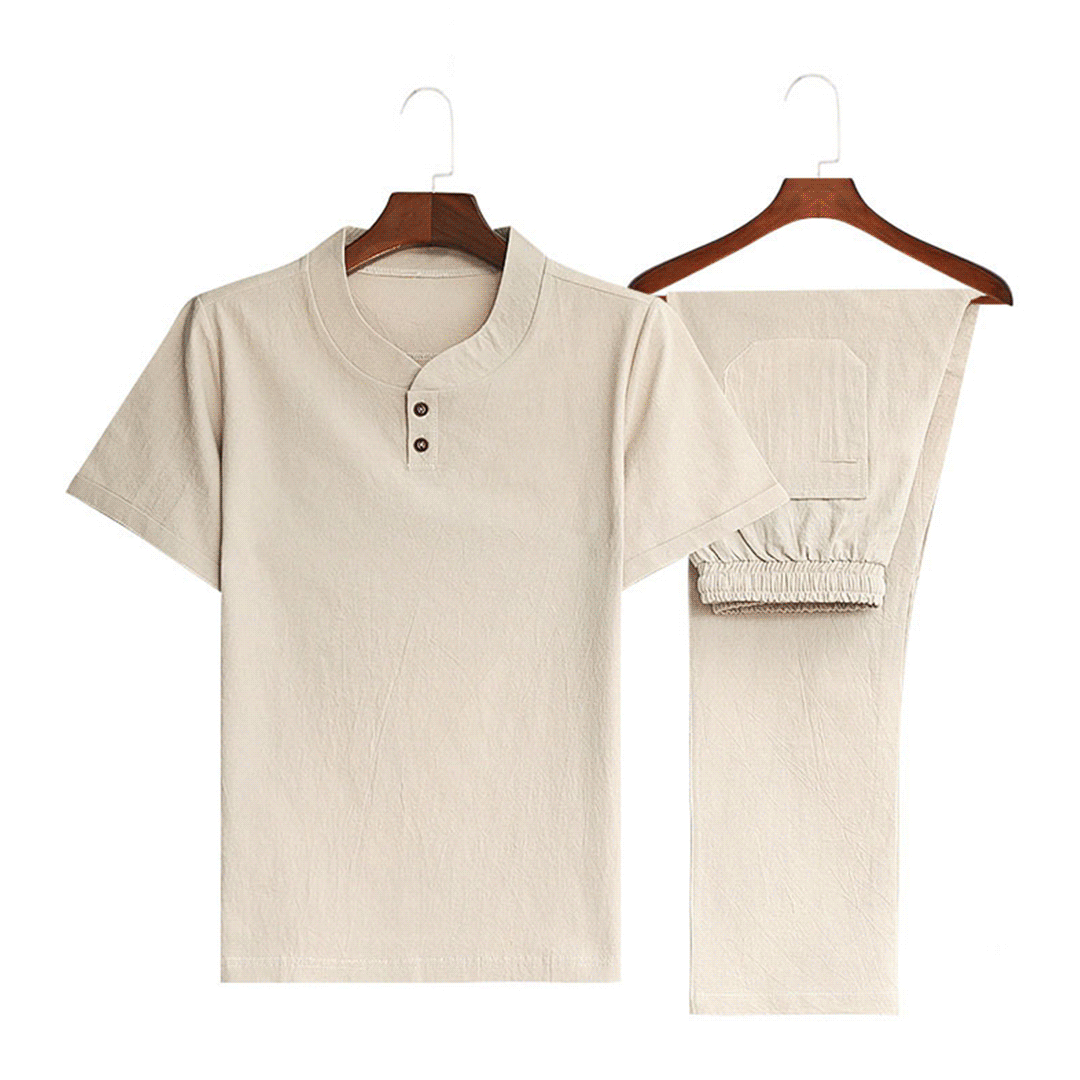 【Top + Pantaloni】 Costum de agrement pentru bărbați, lejer și respirabil, din bumbac și in de înaltă calitate-3967330