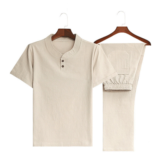 【Top + Pantaloni】 Costum de agrement pentru bărbați, lejer și respirabil, din bumbac și in de înaltă calitate-3948098