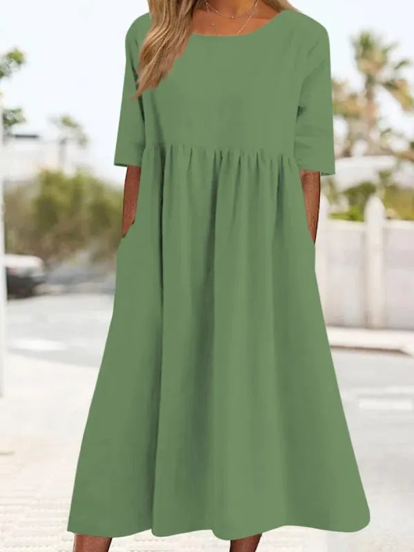 🌺✨【S-5XL】2026 Casualowa bawełniana sukienka w jednolitym kolorze z kieszeniami-4242052