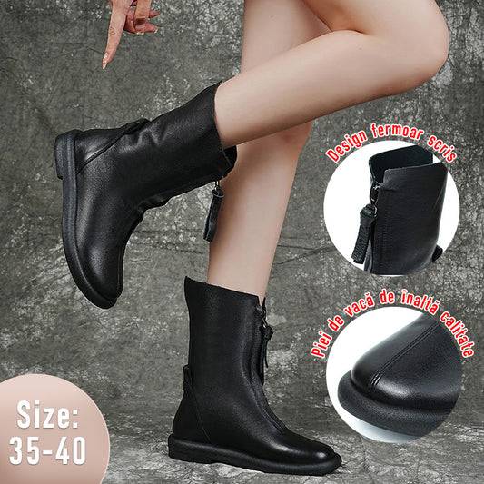 🔥【35~40】Cizme din piele italiană lucrate manual, cizme confortabile din piele naturală, cu talpă moale, cu toc plat, la jumătatea gambei-3815561