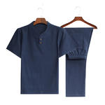 【Top + Pantaloni】 Costum de agrement pentru bărbați, lejer și respirabil, din bumbac și in de înaltă calitate-3967330