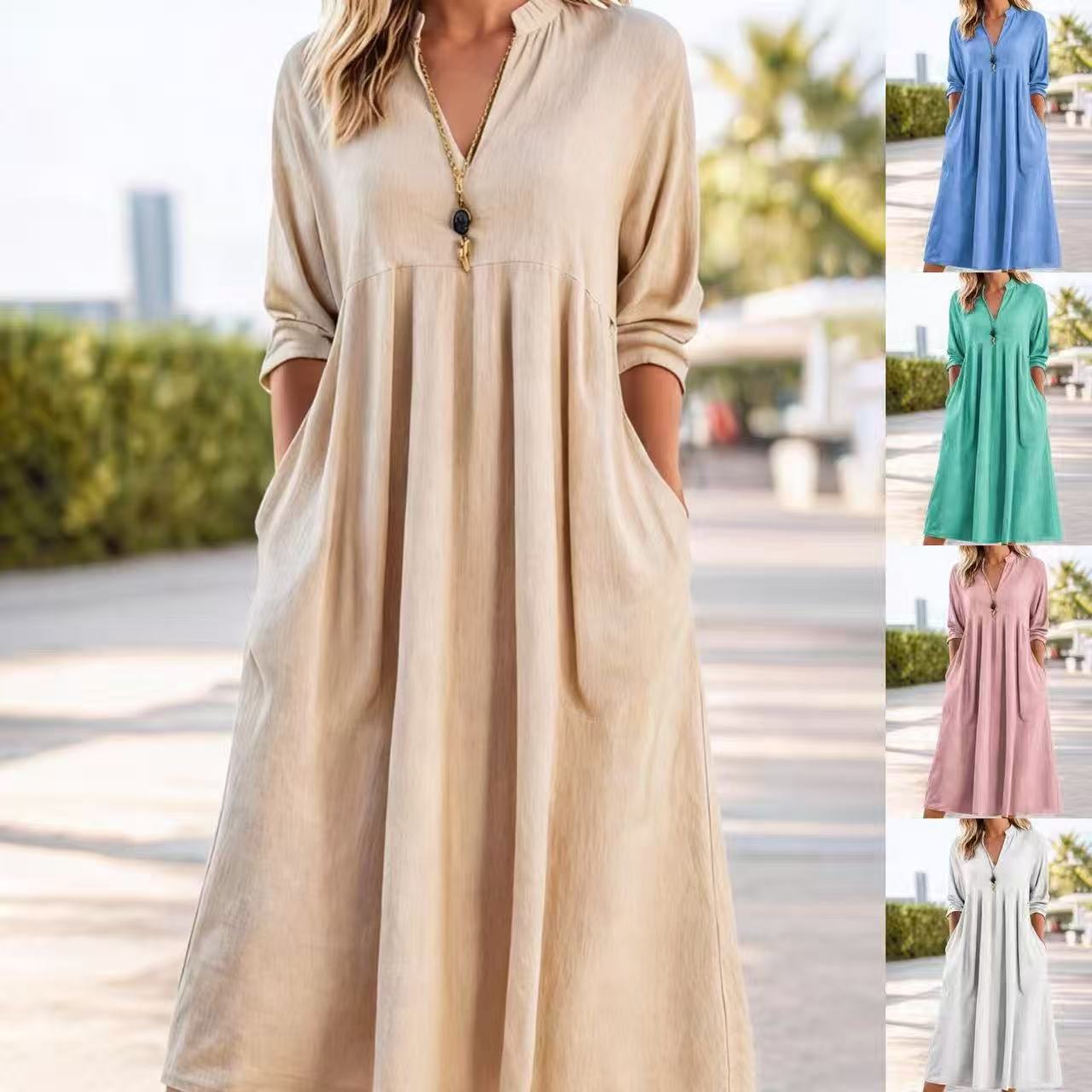 💃【50% zniżki】Nowa modna sukienka retro z dekoltem w serek z bawełny i lnu-4238995