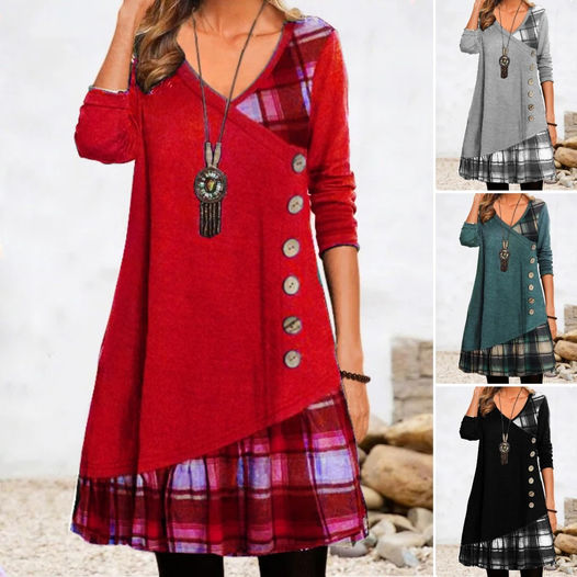 💟【Produse noi de toamnă】👗【S-3XL】 2025 rochie elegantă nouă, cu decolteu în V, în carouri, cu mâneci lungi-3808167