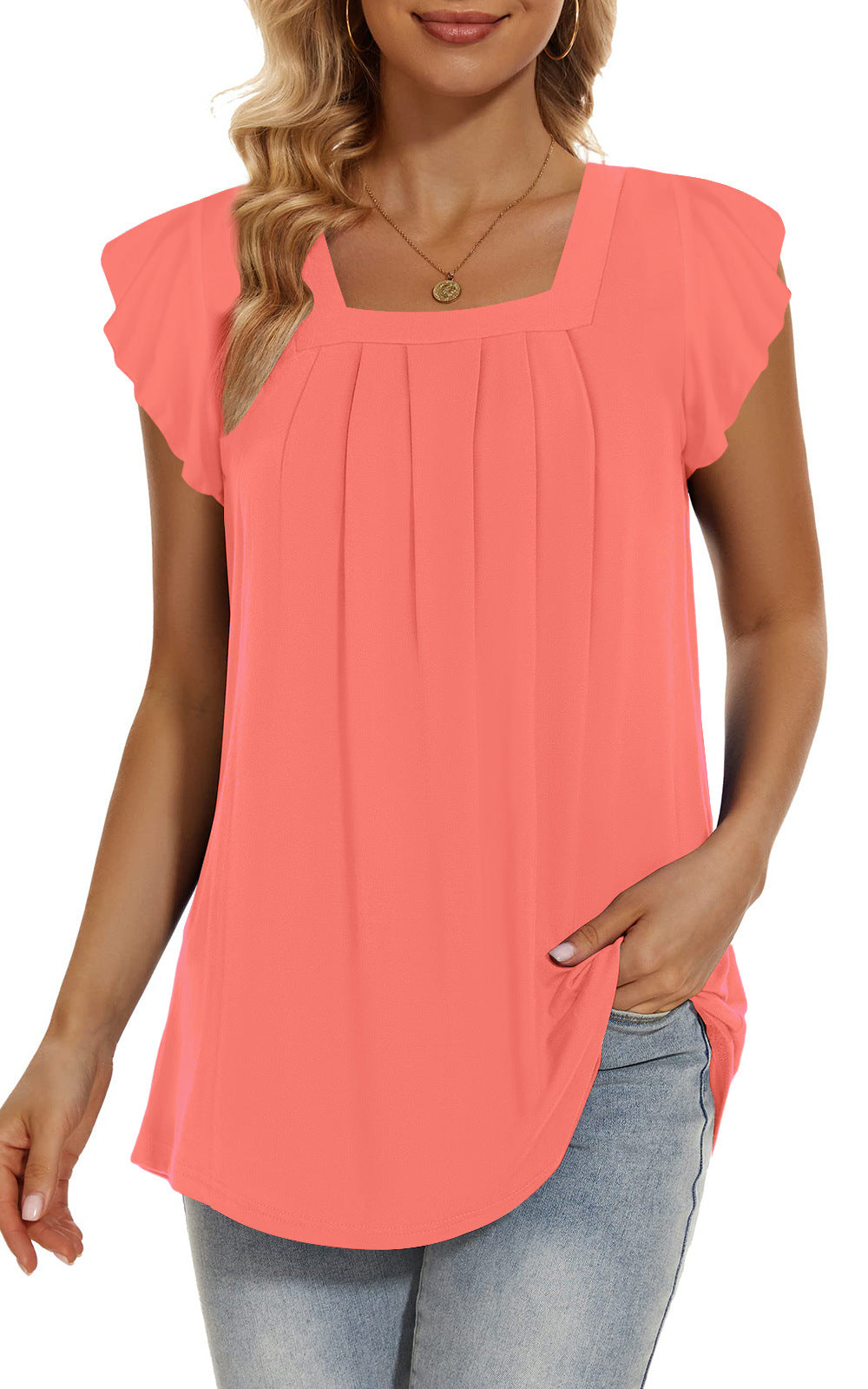 🔥🔥[S-2XL] Tricou nou de vară 2024, cu mânecă cu volane, cu gât pătrat