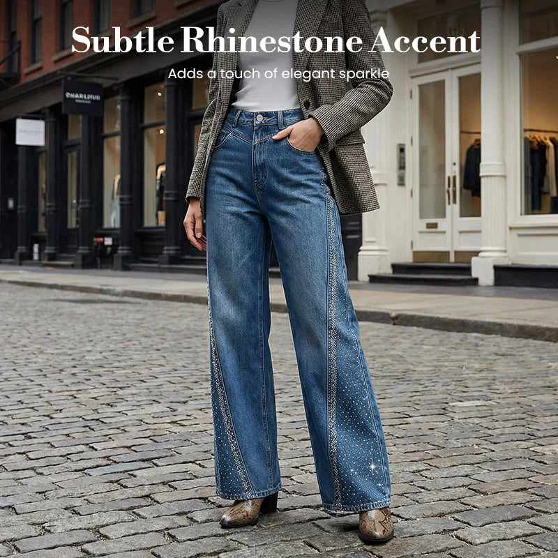🌼【Specjalna oferta wiosenna】✨Damskie jeansy z szerokimi nogawkami i ćwiekami ze strasu-4253270