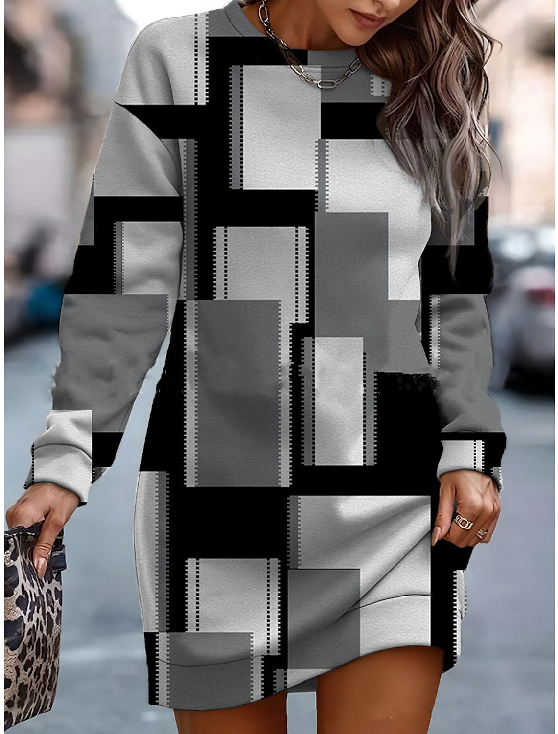 【S-3XL】Nowa jesienno-zimowa sukienka z kontrastowym nadrukiem z okrągłym dekoltem i bluzą z okrągłym dekoltem