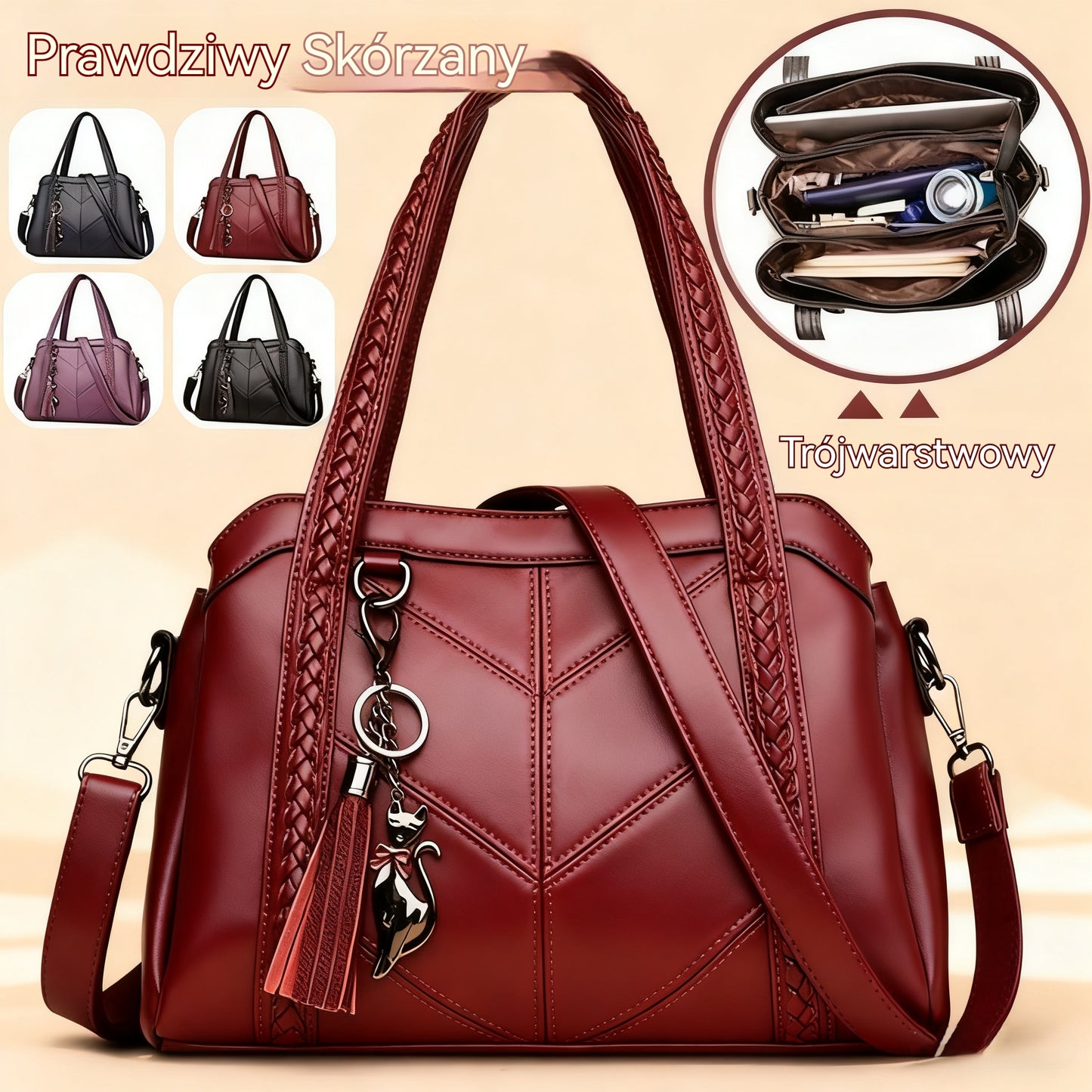 👜💟【50% ZNIŻKI】Torba z miękkiej skóry, torebka, duża pojemność, trzy przegrody, wodoodporna i odporna na zarysowania-4224385