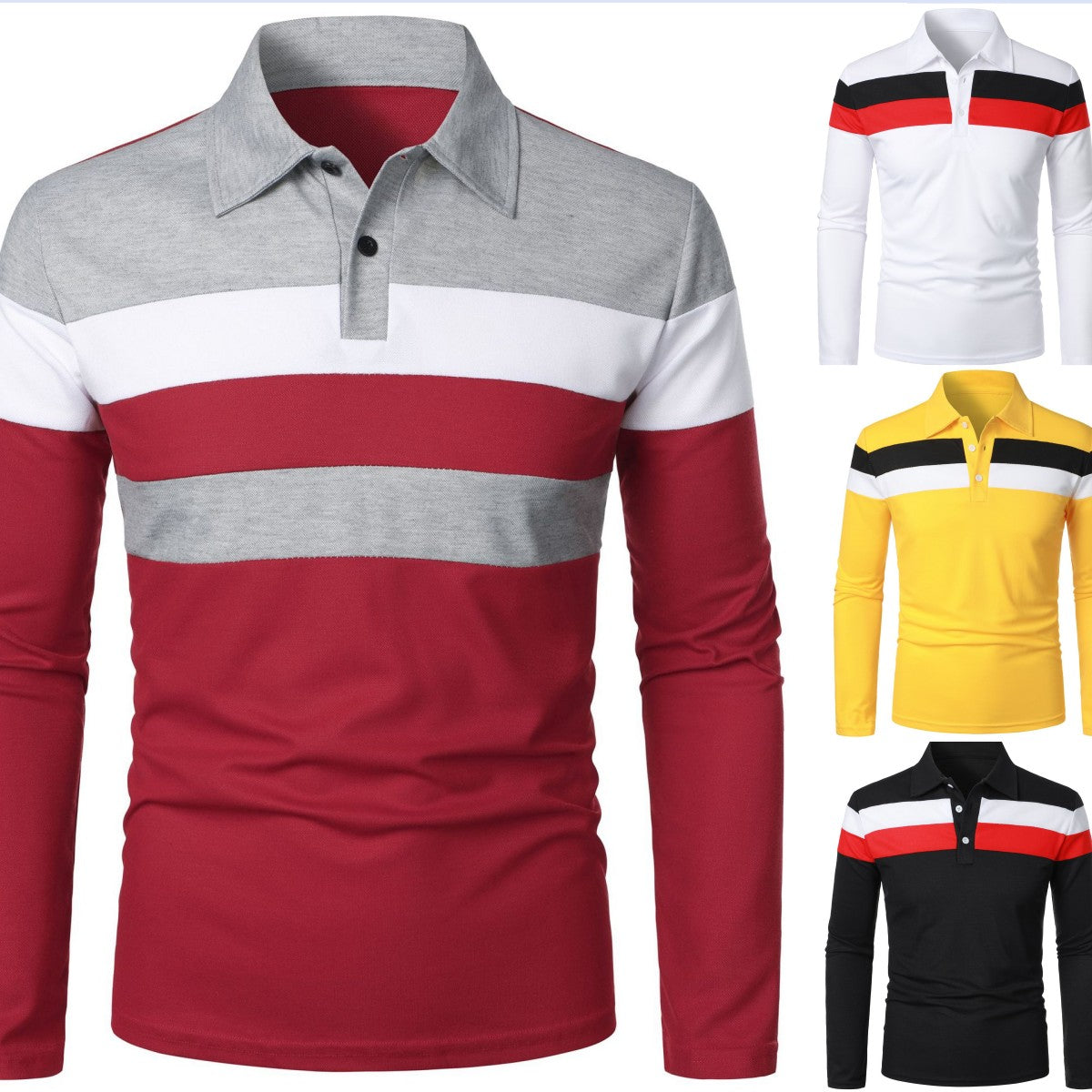 👔👕【50% zniżki 🔥】【S–5XL】Letnia męska koszulka polo z długim rękawem i kontrastowymi paskami na klatce piersiowej-4251171