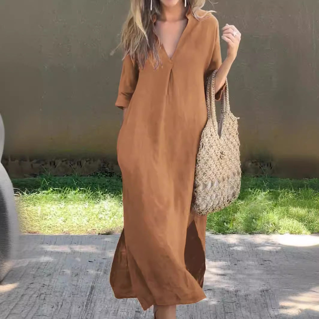 💃💋【50% zniżki 🔥】【S–3XL】Długa lniana spódnica z dekoltem w serek i rozcięciem, wygodna i lekka, idealna na lato