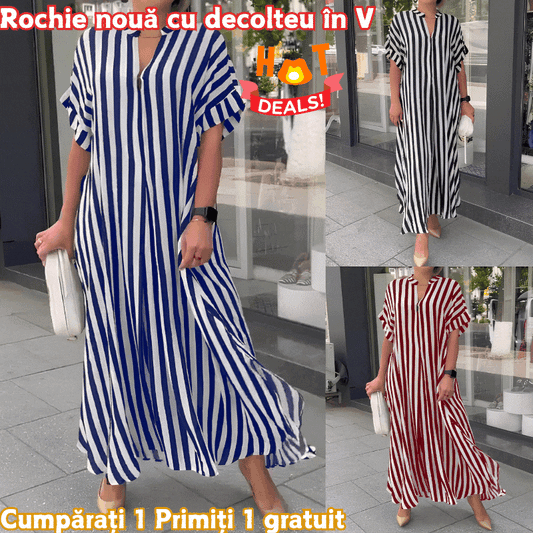 👗🔥【Cumpără 1 primești 1 gratis】Rochie cardigan modernă cu mânecă scurtă, cu dungi laterale-3916355