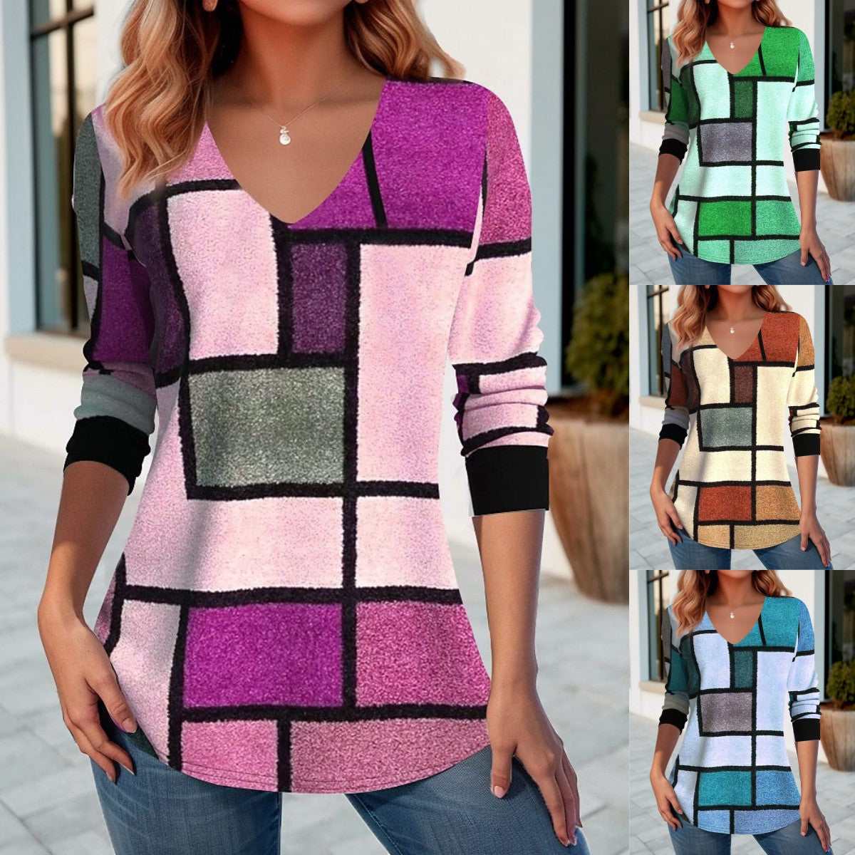 💥【S-5XL】Koszulka z nadrukiem jesiennym i dekoltem w serek-4113975