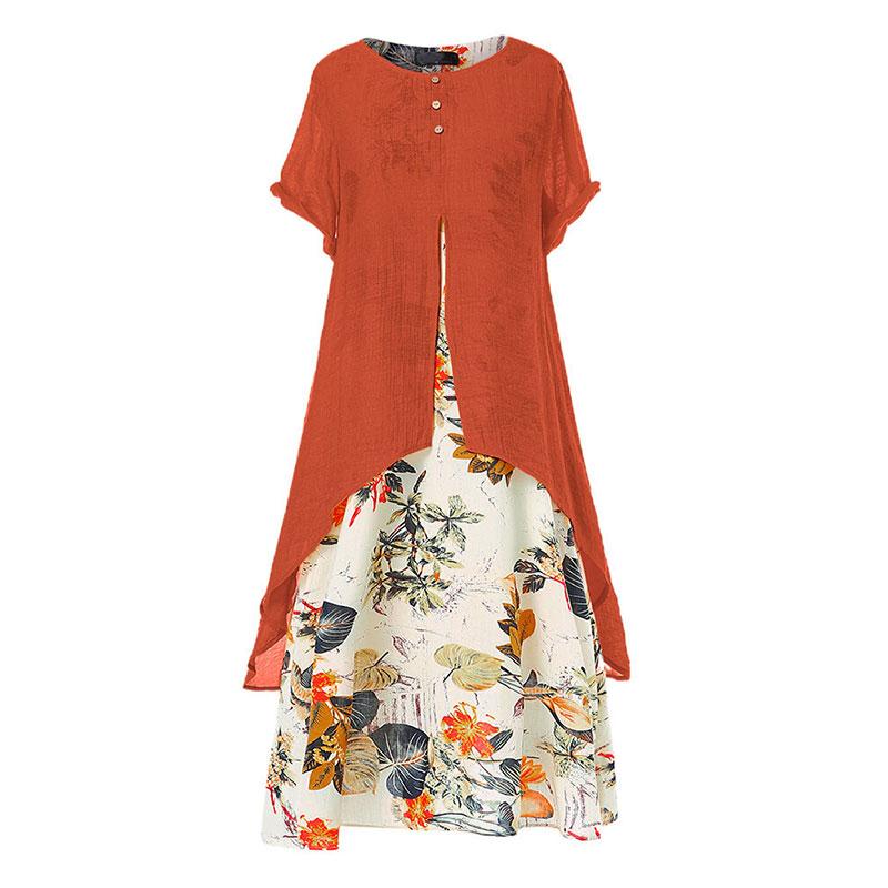 ❤ Rochie din două piese imprimat din bumbac și in cu guler rotund falsă-3916421