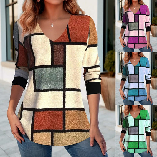 💥【S-5XL】Koszulka z nadrukiem jesiennym i dekoltem w serek-4113975
