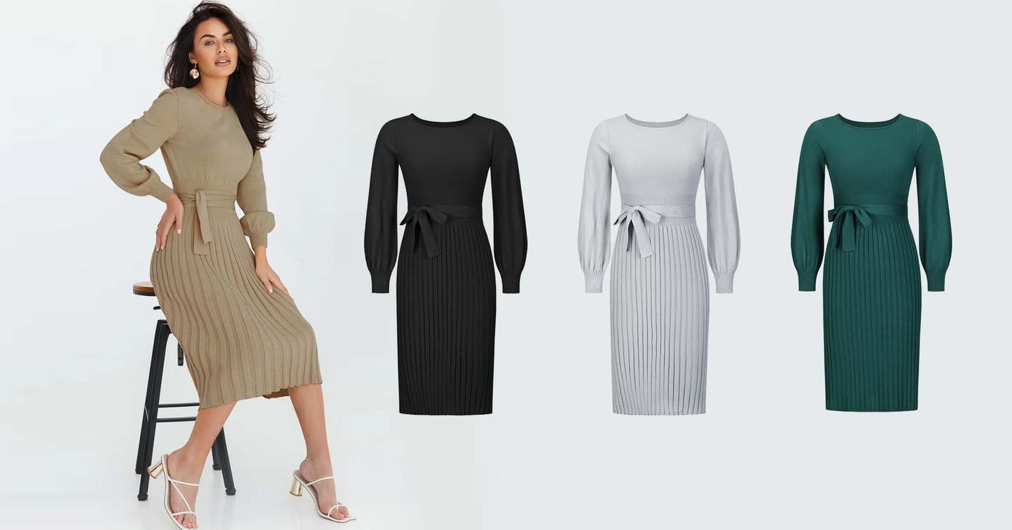 （Curea asortată）2024 Toamna și iarna New Knit  Slim plisat rochii de lungime medie-3807907