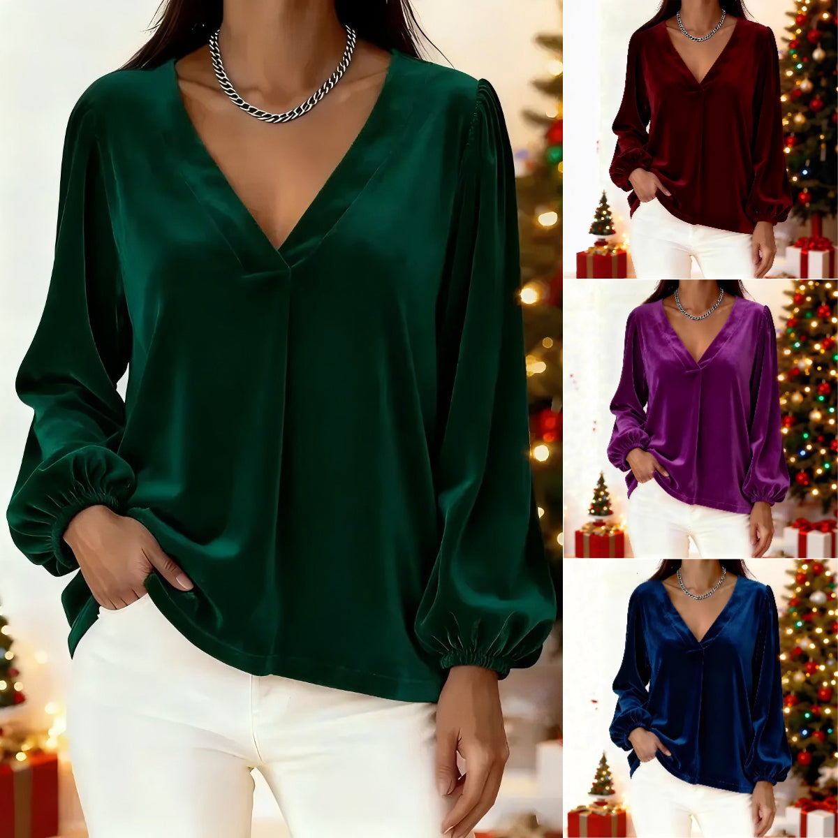 🥰🥰[M-3XL]🌺Camiseta de manga farol con cuello en V de terciopelo dorado de lujo, la más vendida