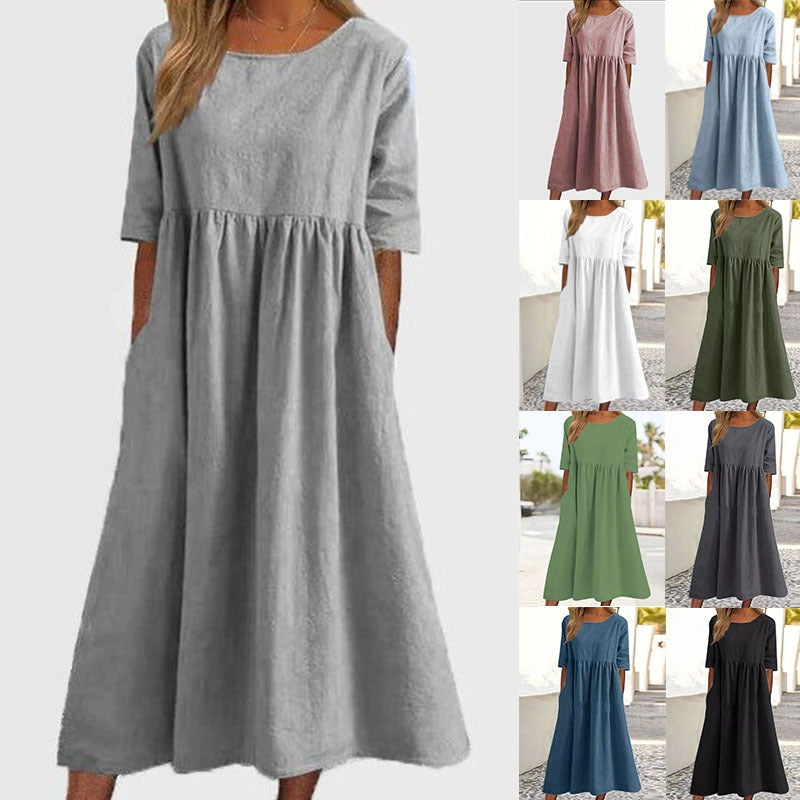 🌺✨【S-5XL】2026 Casualowa bawełniana sukienka w jednolitym kolorze z kieszeniami-4242052