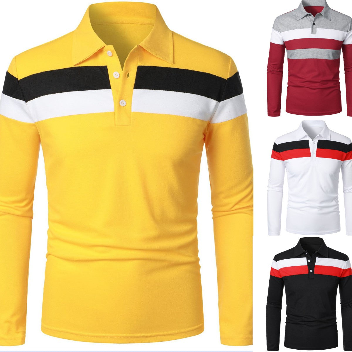 👔👕【50% zniżki 🔥】【S–5XL】Letnia męska koszulka polo z długim rękawem i kontrastowymi paskami na klatce piersiowej-4251171