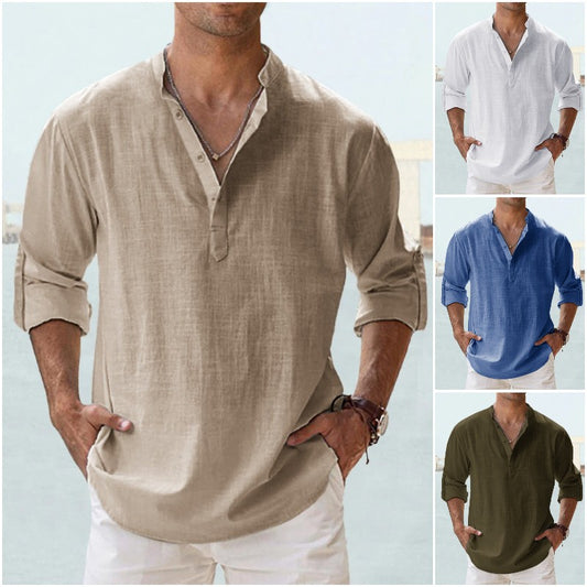 🤩【S-5XL】Ανδρικό μακρυμάνικο πουκάμισο από βαμβάκι και λινό ύφασμα.-4113969