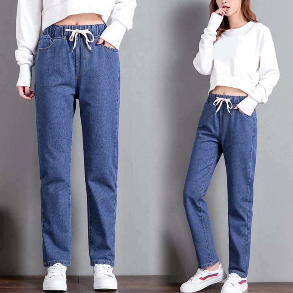 Damskie jeansy casualowe z prostymi nogawkami, elastycznym pasem i sznurkiem ściągającym, luźny, skrócony fason