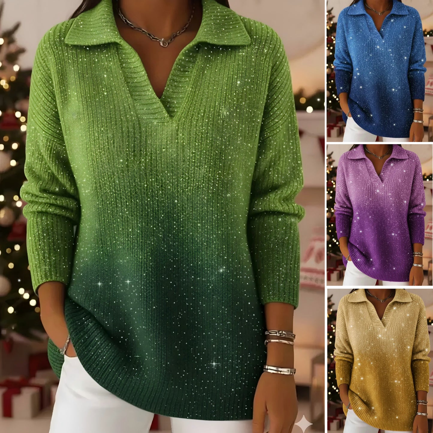 🔥【S-5XL】Marzący sweter z dzianiny z gradientowym wzorem gwiaździstego nieba-4183635